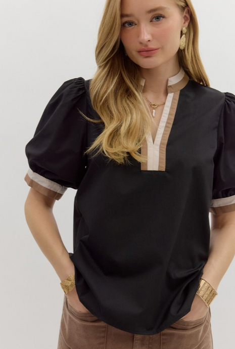 BLACK BUBBLE SLEEVE BAND BLOUSE
