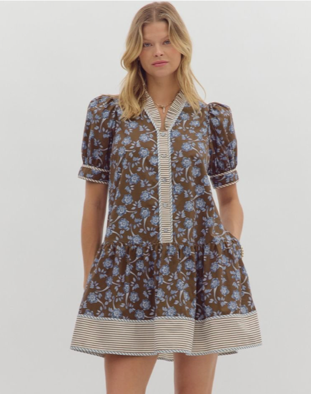 FALL PUFF SLEEVE MINI DRESS (CHOCOLATE)