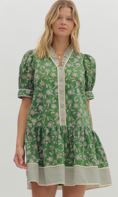 FALL PUFF SLEEVE MINI DRESS (GREEN)