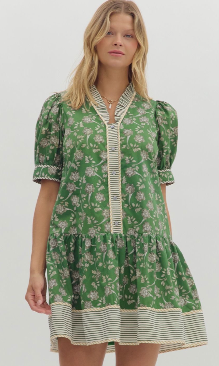 FALL PUFF SLEEVE MINI DRESS (GREEN)