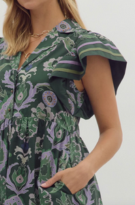 FALL FLUTTER SLEEVE MIDI DRESS (GREEN)