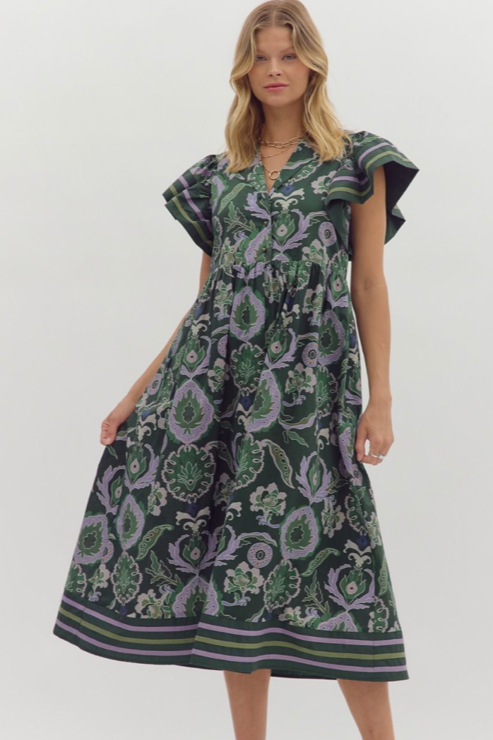 FALL FLUTTER SLEEVE MIDI DRESS (GREEN)