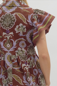 FALL FLUTTER SLEEVE MIDI DRESS (RED BEAN)
