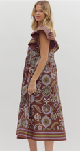 FALL FLUTTER SLEEVE MIDI DRESS (RED BEAN)