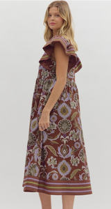 FALL FLUTTER SLEEVE MIDI DRESS (RED BEAN)