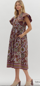 FALL FLUTTER SLEEVE MIDI DRESS (RED BEAN)