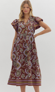 FALL FLUTTER SLEEVE MIDI DRESS (RED BEAN)