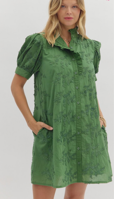 FLORAL APPLIQUÉ FRONT BUTTON DRESS