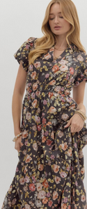 CHOCOLATE FALL FLORAL MIDI DRESS