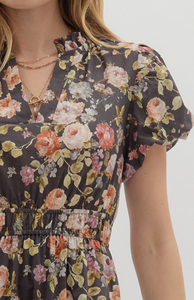CHOCOLATE FALL FLORAL MIDI DRESS