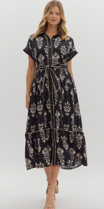 BOTANICAL BELTED MIDI DRESS