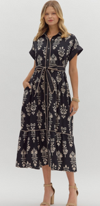 BOTANICAL BELTED MIDI DRESS