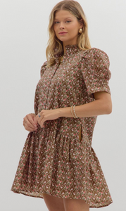LATTICE FLORAL PRINTED MINI DRESS