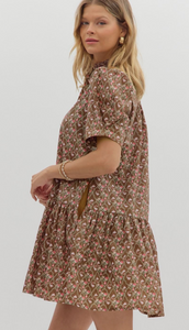 LATTICE FLORAL PRINTED MINI DRESS