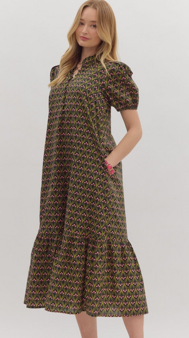 BLOCK FLORAL PRINTED MIDI DRESS