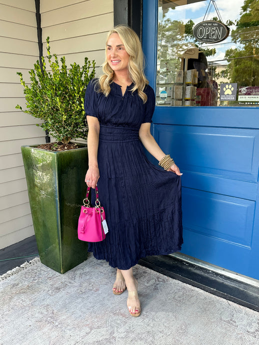 CRINKLE NAVY MIDI DRESS