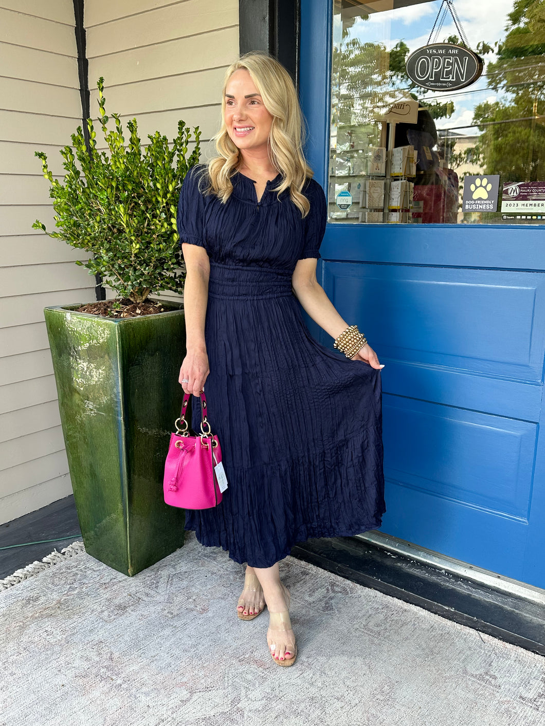 CRINKLE NAVY MIDI DRESS