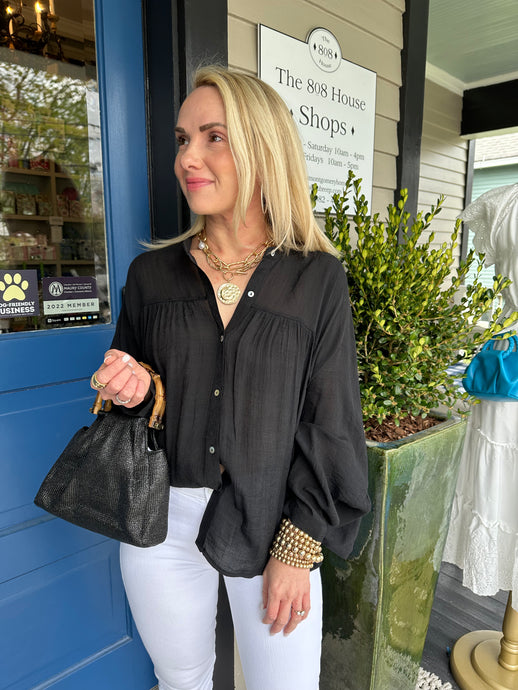 DOLMAN GAUZE BUTTON TOP - BLACK