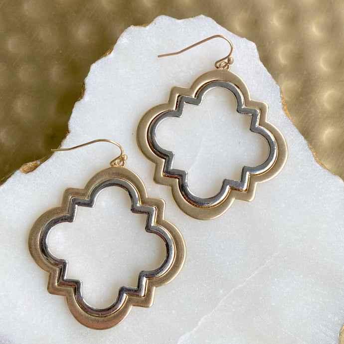QUATREFOIL TWO TONE METAL EARRINGS