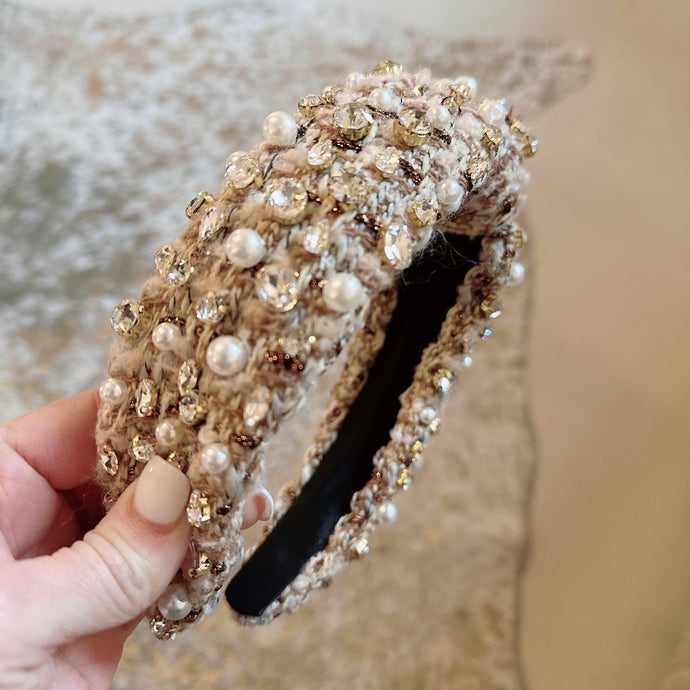 TWEED & PEARL CRYSTAL HEADBAND - BROWN